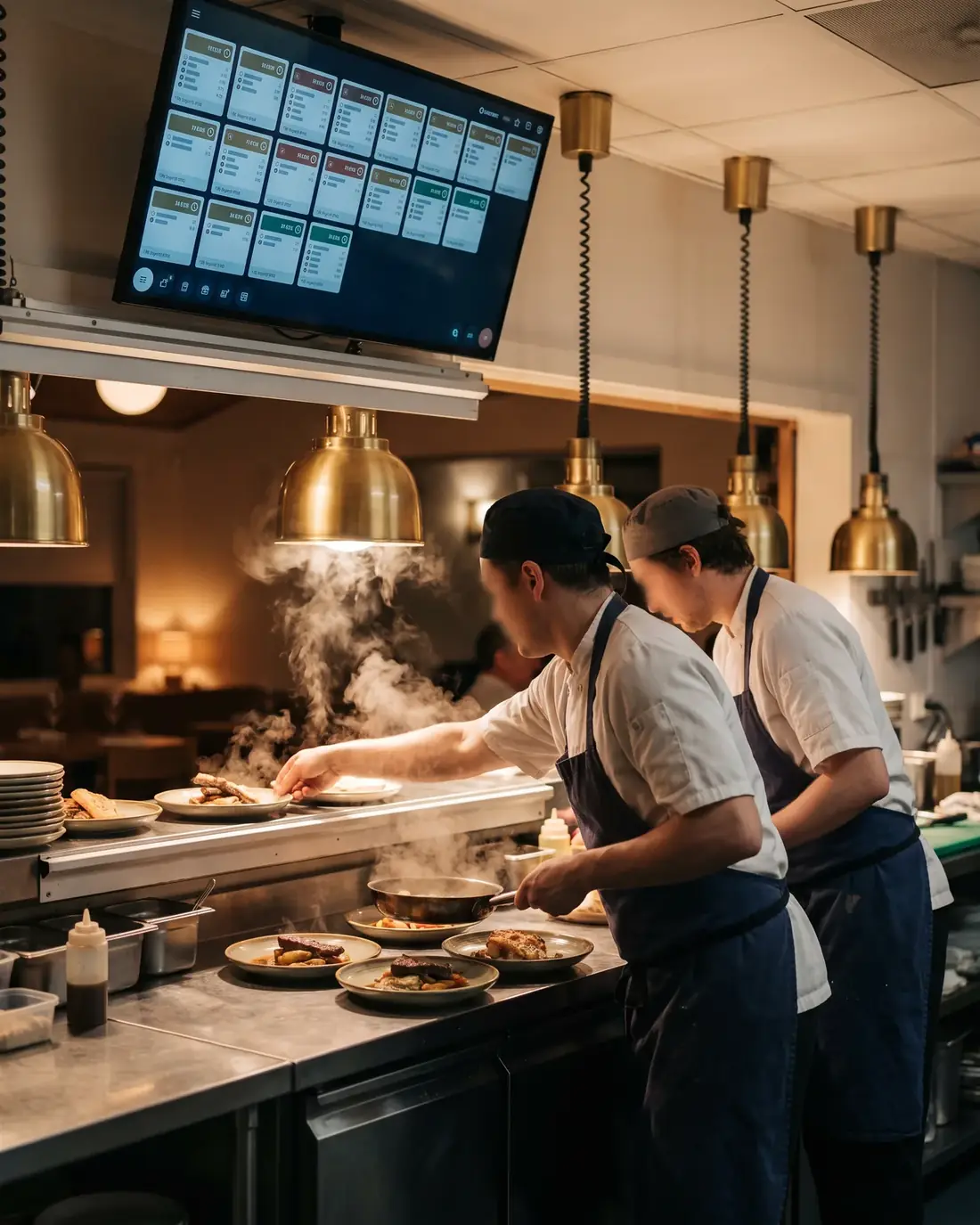 Tela de pedidos acima da praça da cozinha, com os cozinheiros montando os pratos embaixo